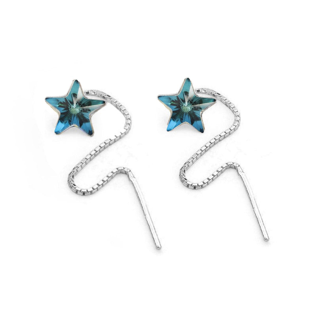 Bermuda Blue Star Crystal Earrings with Sterling Silver Threader Chain – 10mm Star Dangle Earrings for Women in Celestial Style