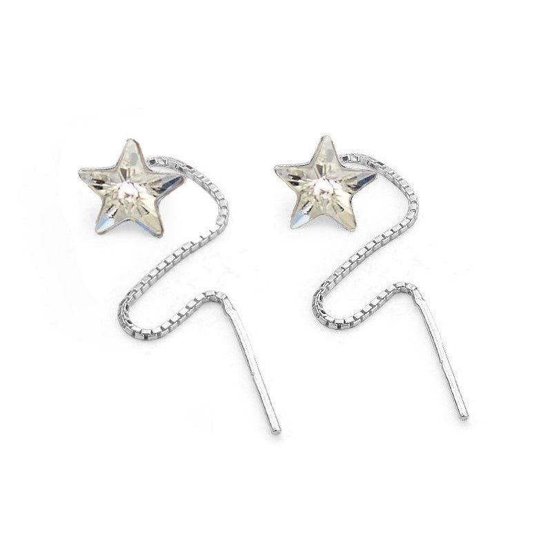 Sterling Silver Star Earrings with Chain Threader – Crystal Clear 10mm Star Charm, Elegant Dangle Earrings for Women