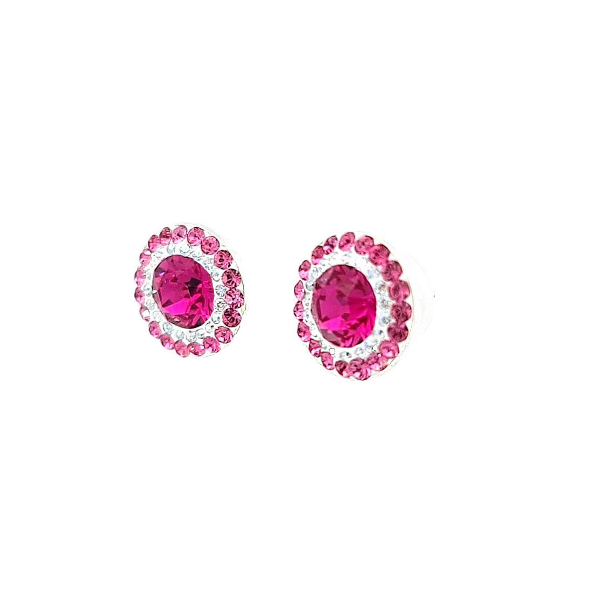 Side view of Radiant Rosette Double Halo Stud Earrings, showcasing the elegant design and the intricate detailing of the double halo with fuchsia, moonlight, and rose pink crystals.