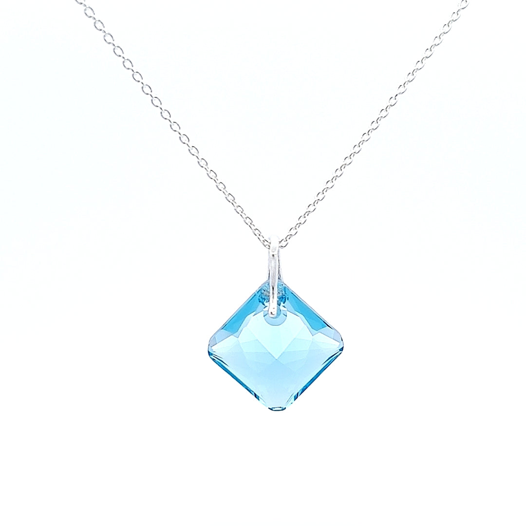 March Aquamarine Austrian Princess Cut crystals on Square Pendant - Brilliant sparkle by Magpie Gems