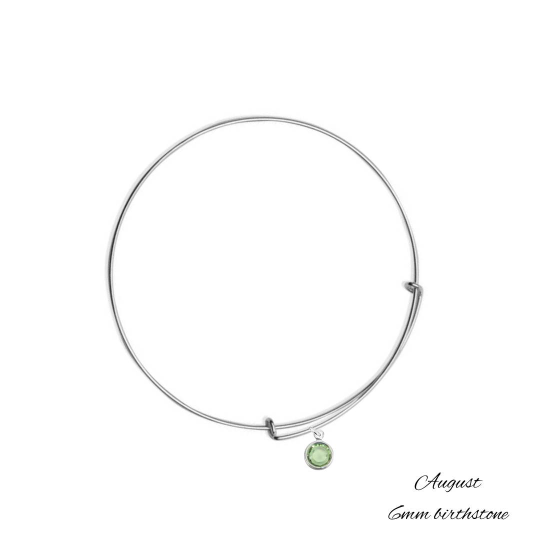 Sterling Silver Bangle Bracelet with August Peridot Birthstone Crystal, Handmade in Ireland with 6 mm birthstone crystal