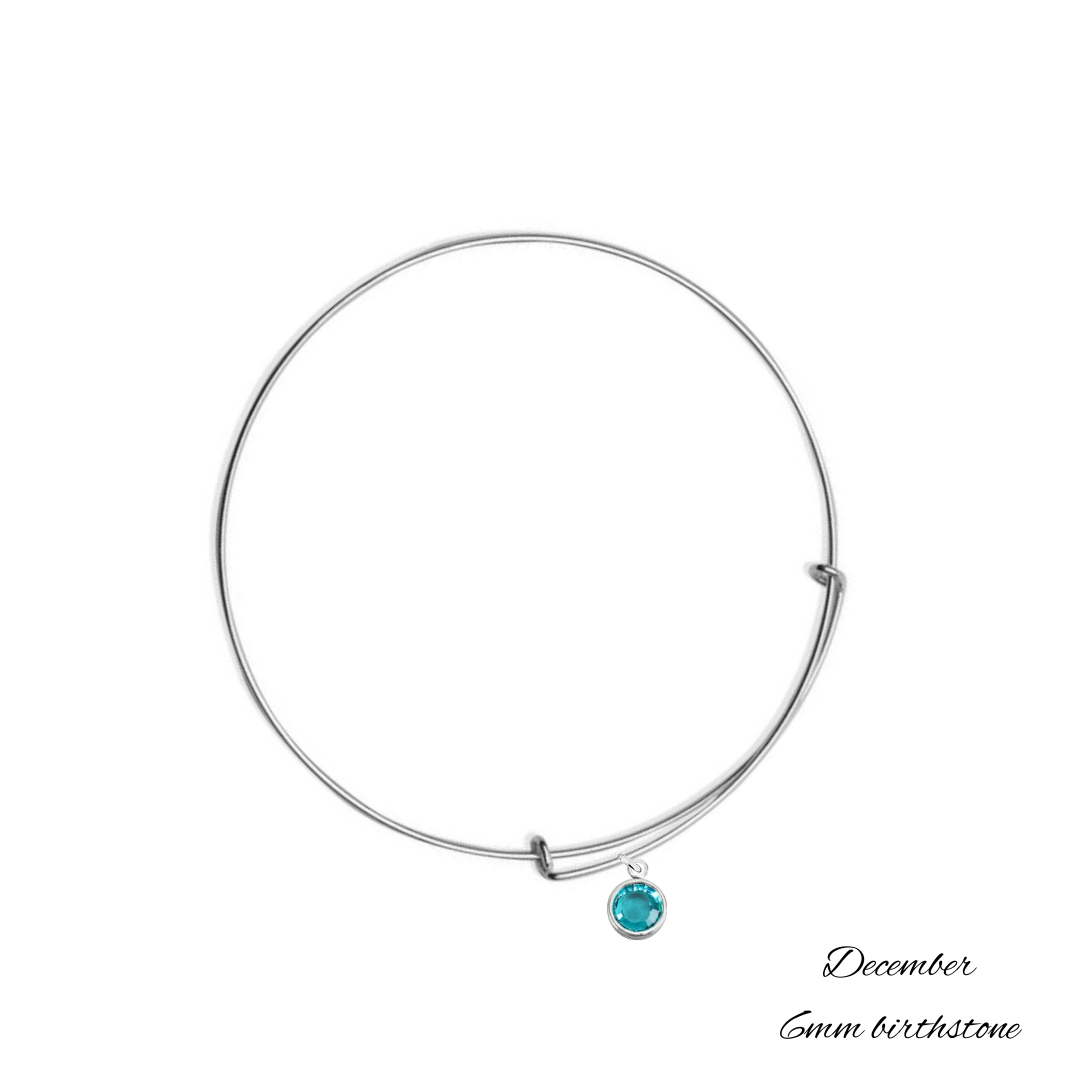 Sterling Silver Bangle Bracelet with December Turquoise Birthstone Crystal, Handmade in Ireland with 6 mm birthstone crystal