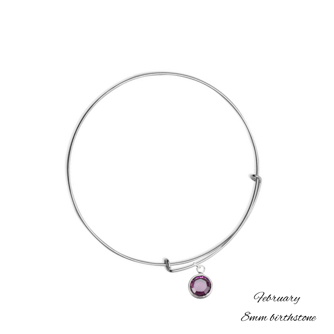 Sterling Silver Bangle Bracelet with February Amethyst Birthstone Crystal, Handmade in Ireland with 8 mm birthstone crystal