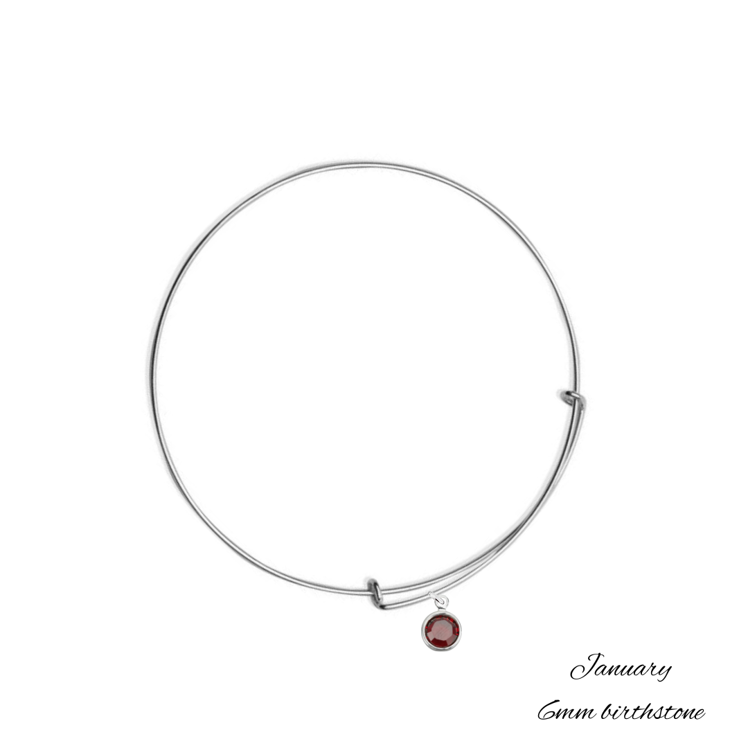 Sterling Silver Bangle Bracelet with January Garnet Birthstone Crystal, Handmade in Ireland with 6 mm birthstone crystal