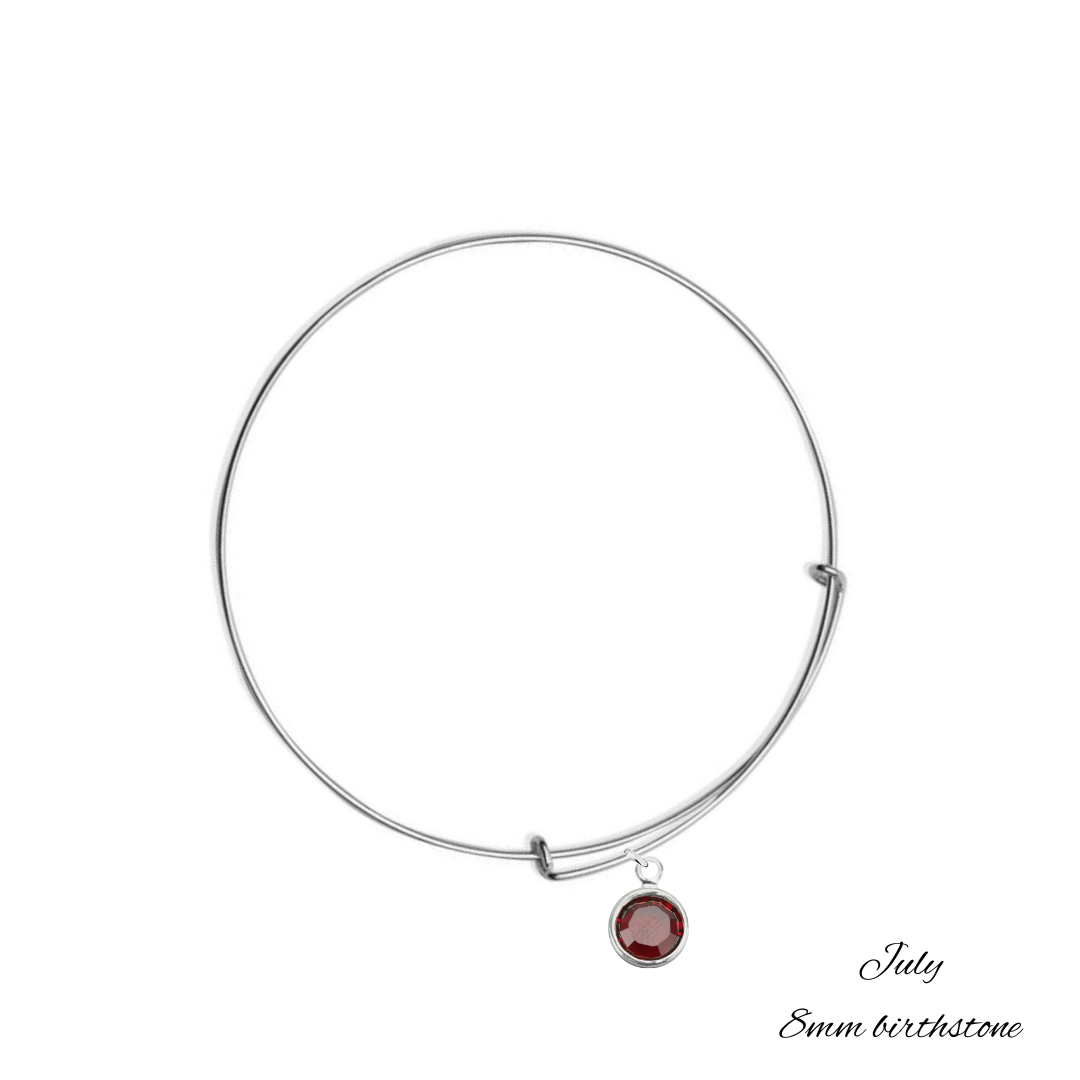 Sterling Silver Bangle Bracelet with July Ruby Birthstone Crystal, Handmade in Ireland with 8 mm birthstone crystal