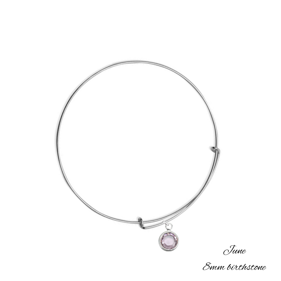 Sterling Silver Bangle Bracelet with June Light Amethyst Birthstone Crystal, Handmade in Ireland with 8 mm birthstone crystal