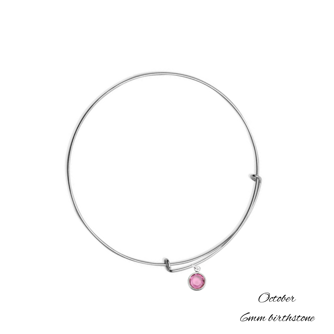 Sterling Silver Bangle Bracelet with October Rose Pink Birthstone Crystal, Handmade in Ireland with 6 mm birthstone crystal