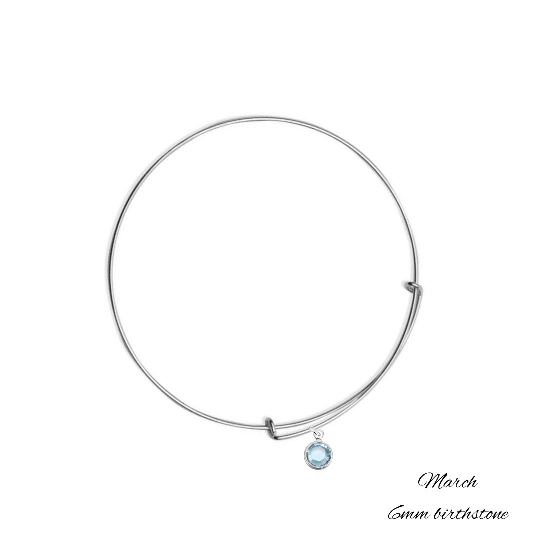 Sterling Silver Bangle Bracelet with 6 mm March Aquamarine Birthstone Crystal, Handmade in Ireland