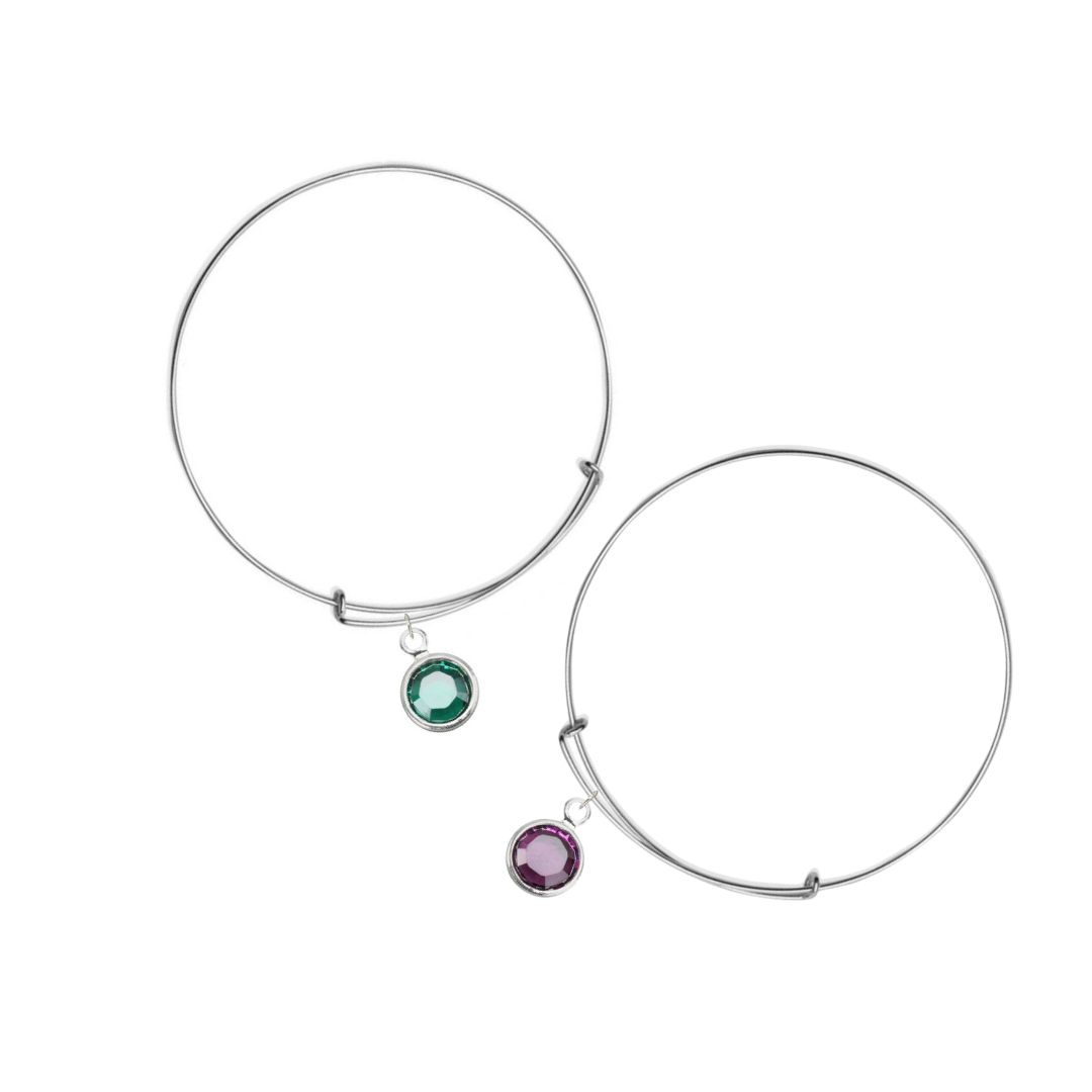 Sterling Silver Bangle Bracelet Set with Personalised Birthstone Crystals, Handmade in Ireland, Perfect for Couples Gifts