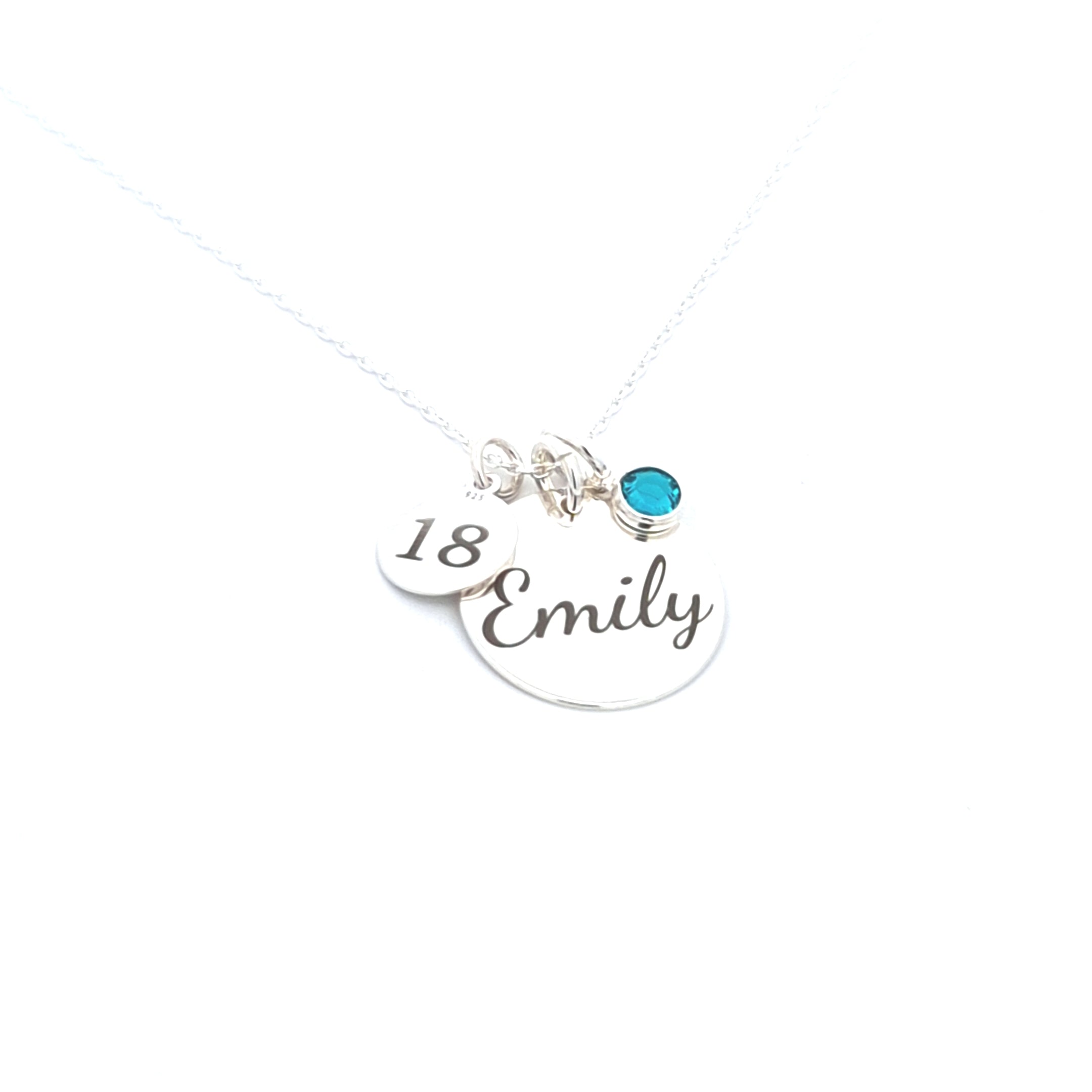 Sterling Silver Personalised Necklace with Name Disc, Age Disc, and Blue Topaz Birthstone for December