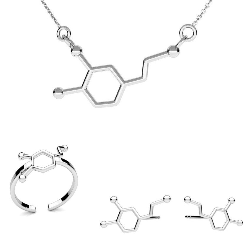 Sterling Silver Dopamine Molecule Jewellery Set with Stud Earrings, Adjustable Ring, and Necklace