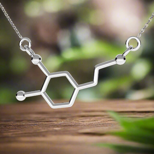 Sterling Silver Dopamine Molecule Pendant Necklace on Skinny Curb Chain