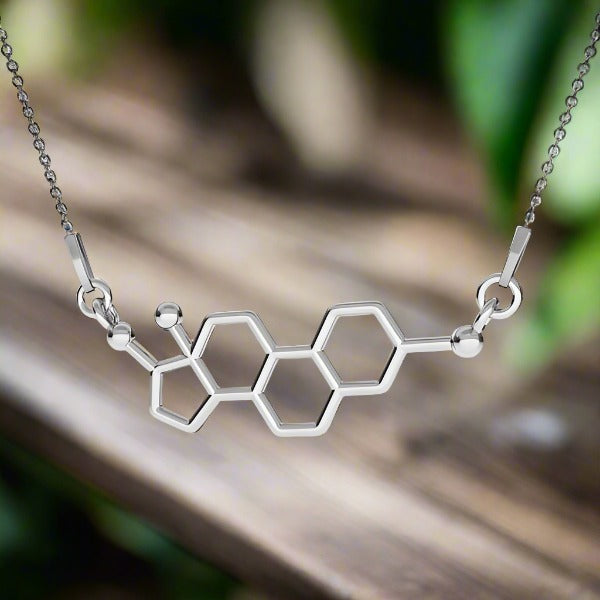 Sterling Silver Estrogen Molecule Pendant Necklace on Skinny Curb Chain