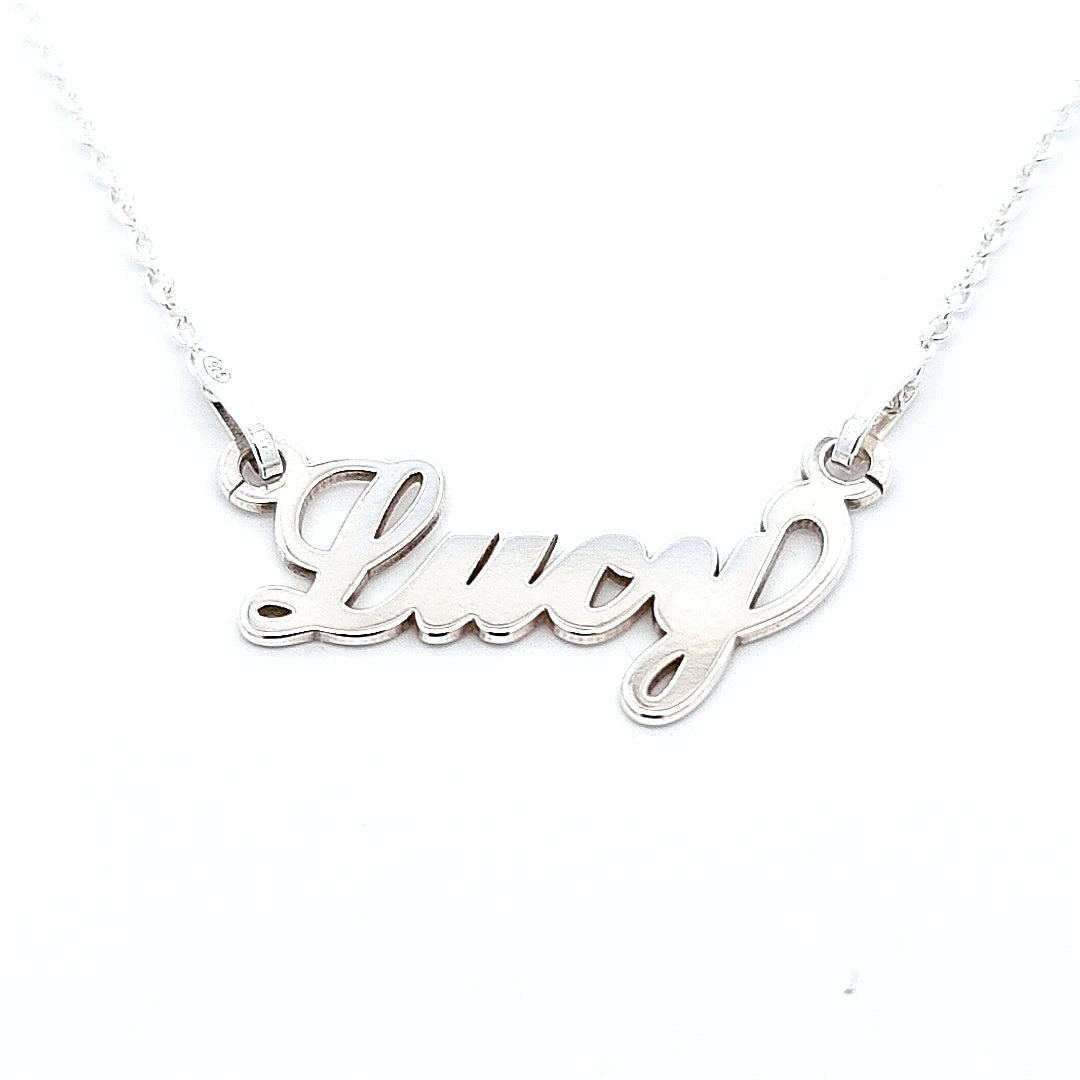 Customised name necklace with fadas, crafted in sterling silver, with chain length options of 35cm or 40cm.