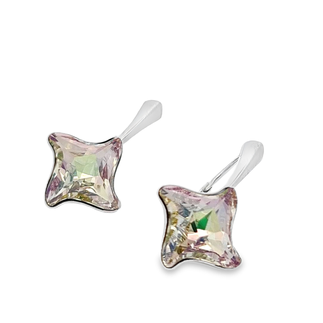 Silver Twister Crystal Earrings in Sterling Silver with Luminous Green Stone