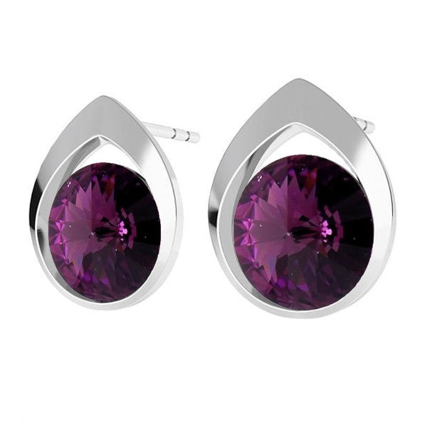 Colorful Teardrop Rivoli Stud Earrings in Sterling Silver with Amethyst Purple Crystals