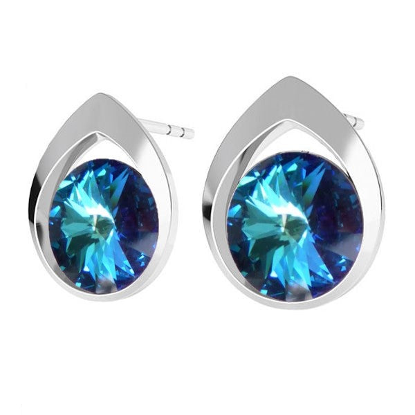 Colorful Teardrop Rivoli Stud Earrings in Sterling Silver with Bermuda Blue Crystals