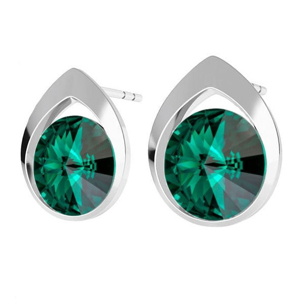 Silver Teardrop Rivoli Stud Earrings with Vibrant Emerald GreenCrystal