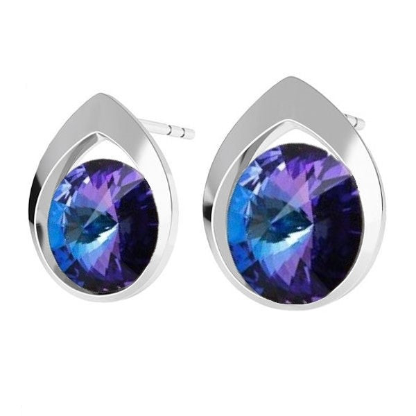 Colorful Teardrop Rivoli Stud Earrings in Sterling Silver with Heliotrope Purple Crystals