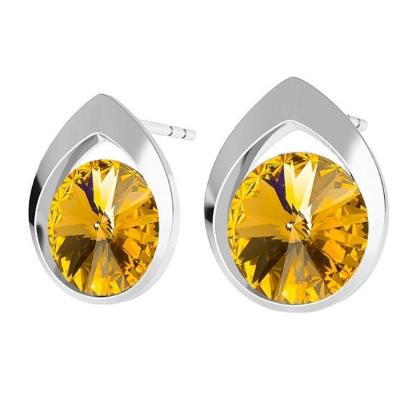 Colorful Teardrop Rivoli Stud Earrings in Sterling Silver with Sunflower Yellow Crystals