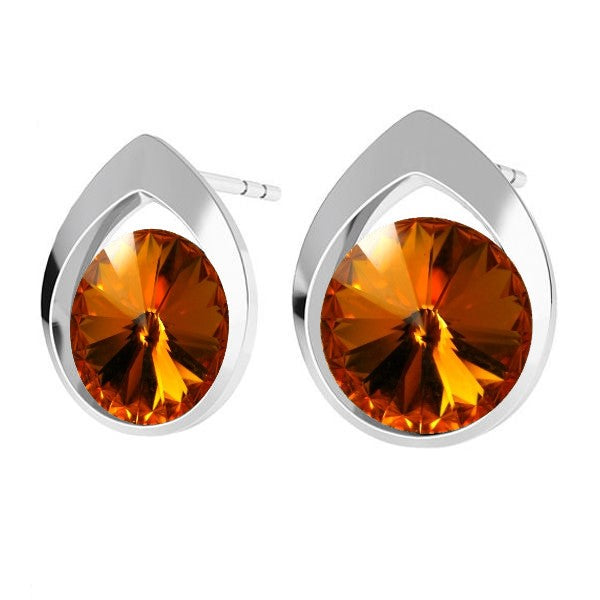 Colorful Teardrop Rivoli Stud Earrings in Sterling Silver with Tangerine Orange Crystals