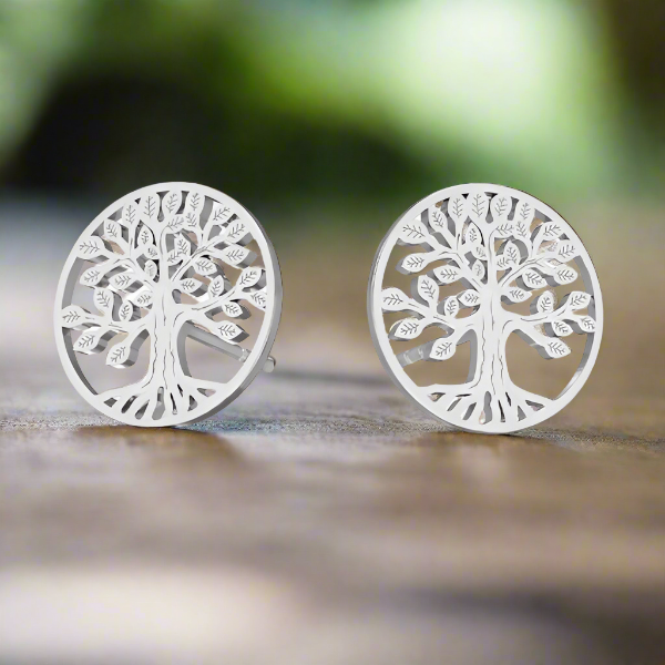 Celtic Tree of Life Sterling Silver Stud Earrings with intricate details, by Magpie Gems in Ireland.