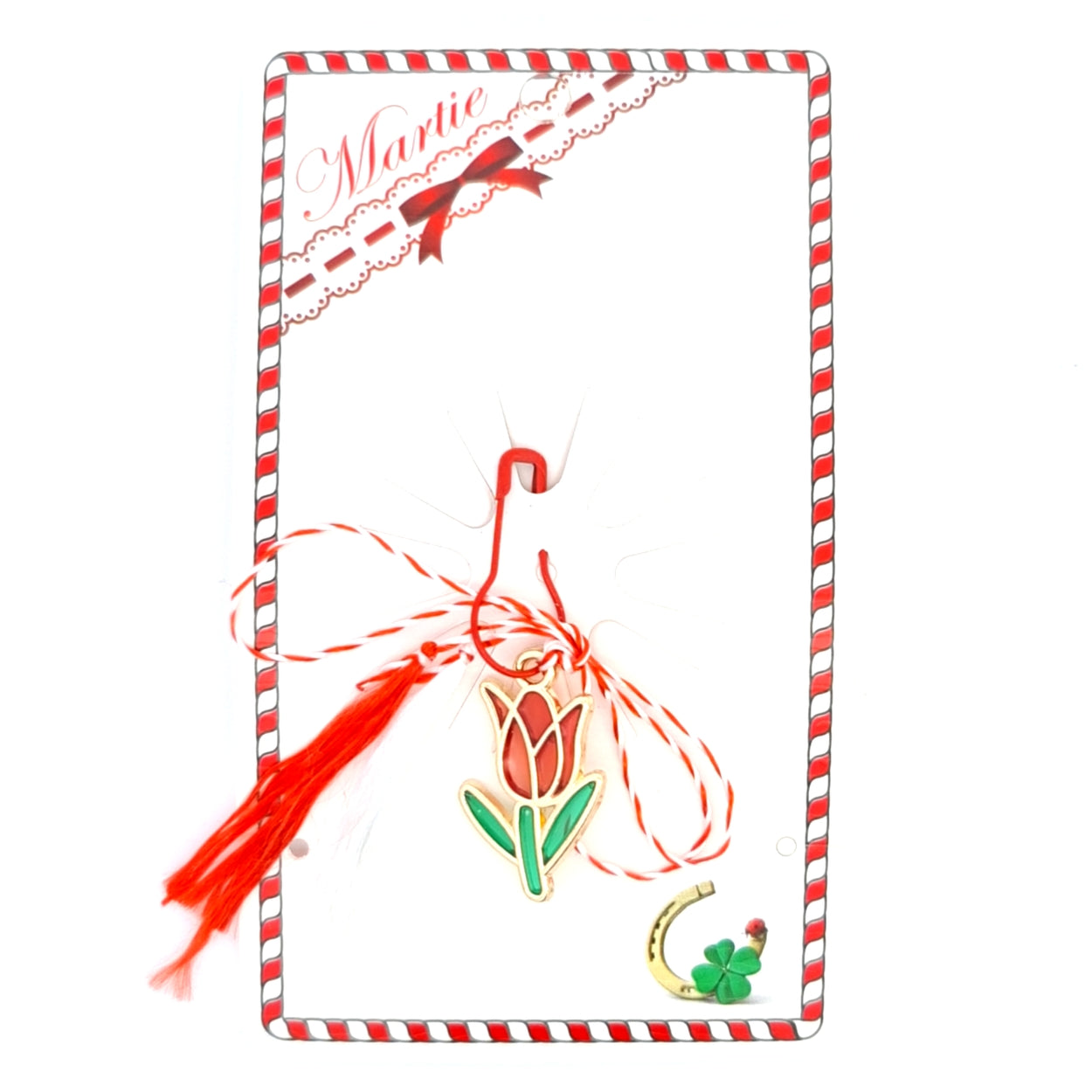 Tulip Martisor Charm Pendant on a card with a Red and White bow with vibrant red and green enamelled tulip design and golden accents, perfect for celebrating the 1st of March traditions.