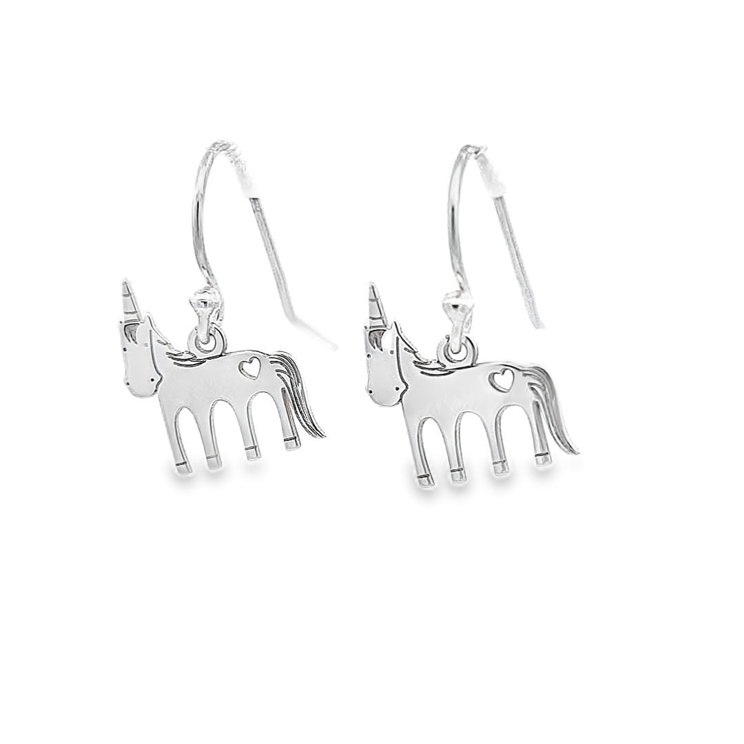  Pair of Unicorn Silver Hook Earrings displayed on a white background, highlighting their whimsical charm.