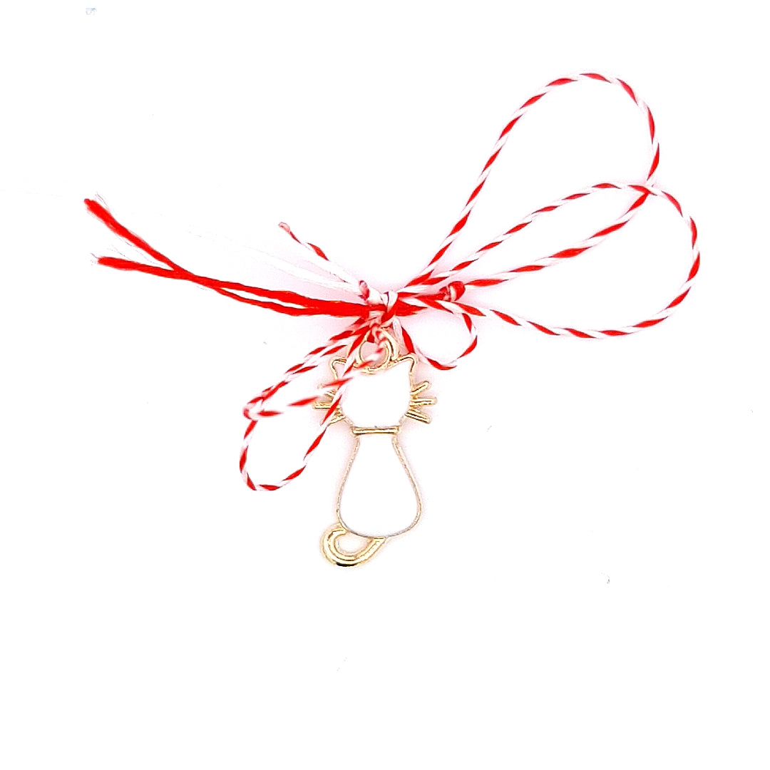 White Cat Enamel Martisor on White Background