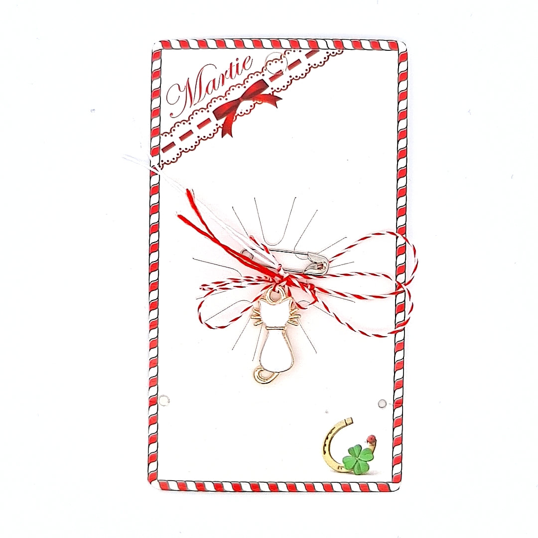 White Cat Enamel Martisor on Card