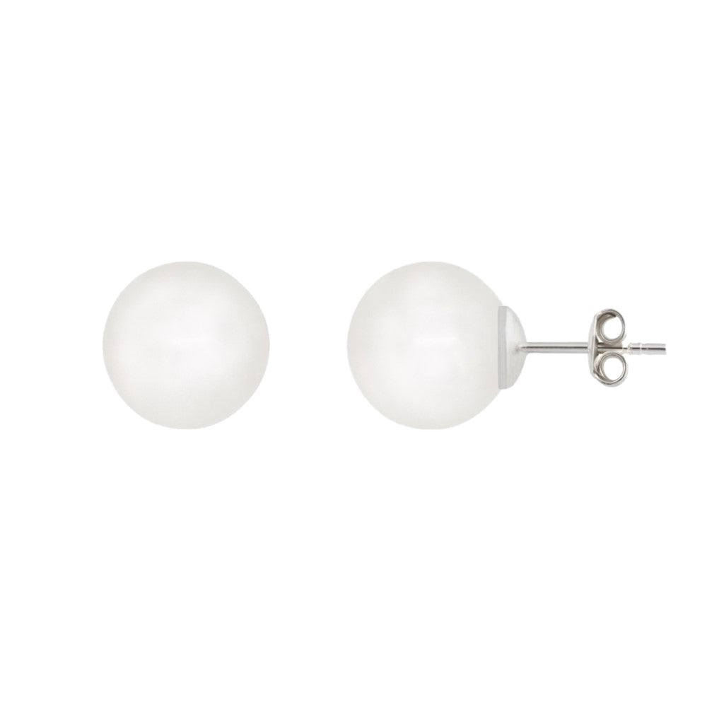 Elegant White Crystal Pearl Stud Earrings in Sterling Silver wit 12mm Oversized Round Crystal Pearls