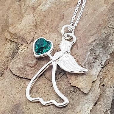 Protect My Heart Sterling Silver Angel Necklace with Personalised Emerald Birthstone for May Birthdays