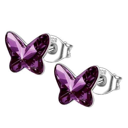 Little Miss Butterfly Women's Stud Earrings in Sterling Silver with Amethyst Austrian Crystals for Teenager Girls