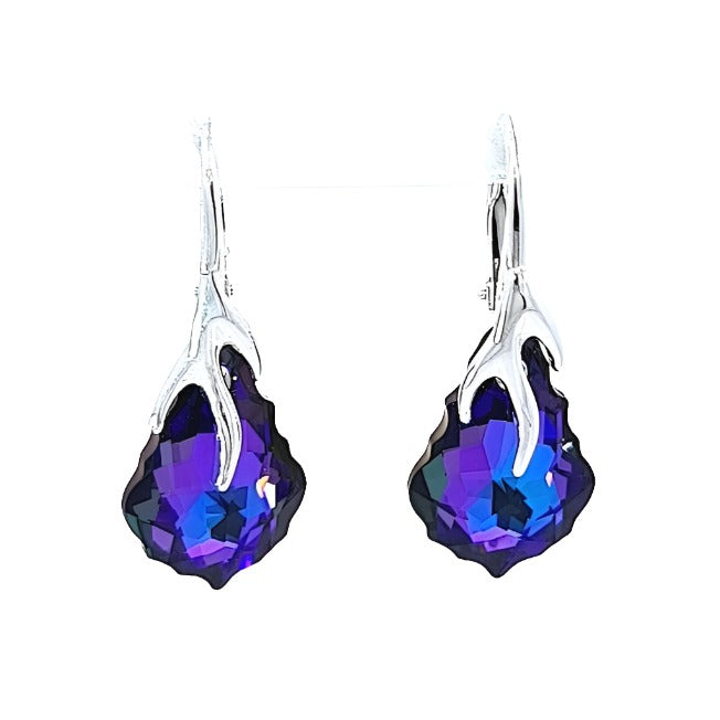 Irish Hand-Finished Sterling Silver Baroque Drop Earrings with Heliotrope Purple Crystal Drop