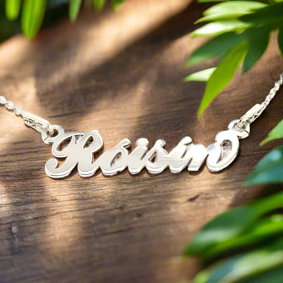 Sterling Silver Custom Irih Name Necklace with Fadas with the gaelic name Róisín