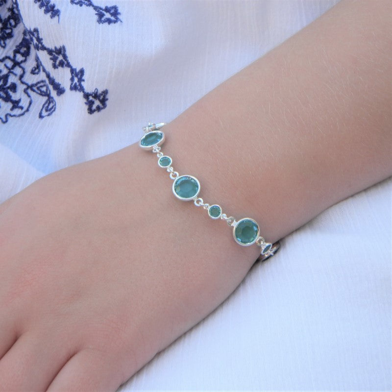 Blue Zircon December Birthstone Bracelet in Silver and Austrian Crystals by Magpie Gems Ireland