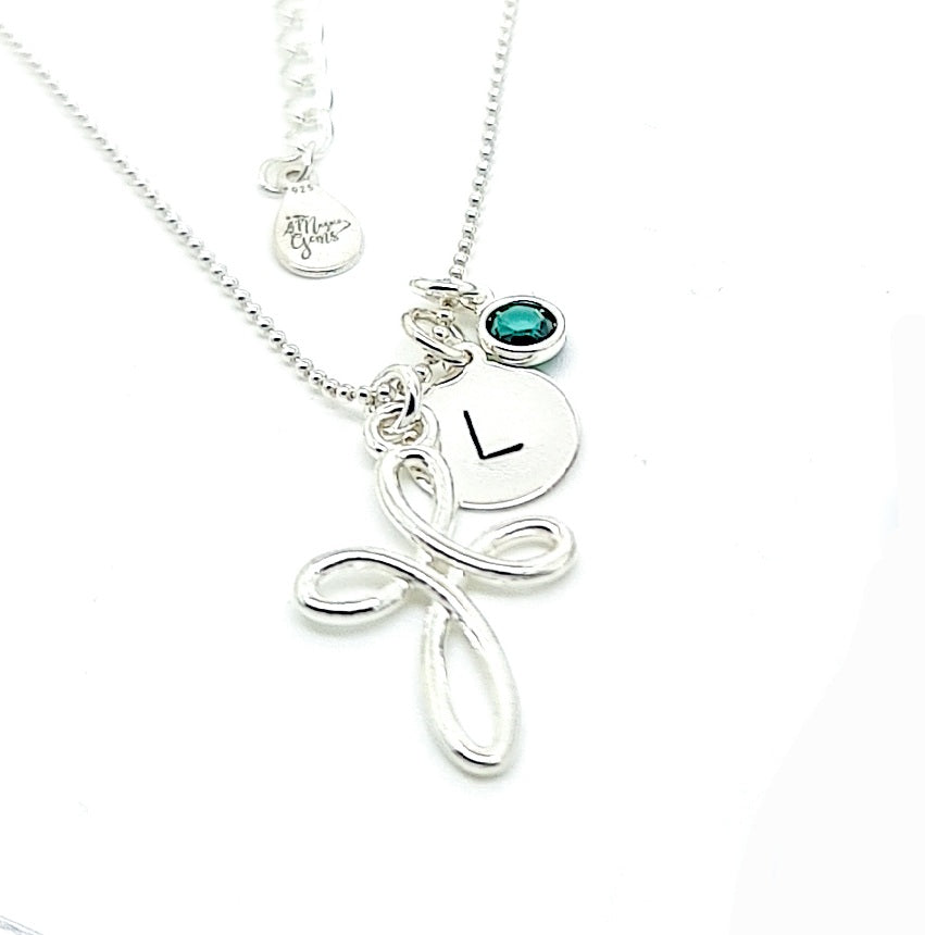 Eternity Cross Personalized Silver Necklace with Birthstone and Initial