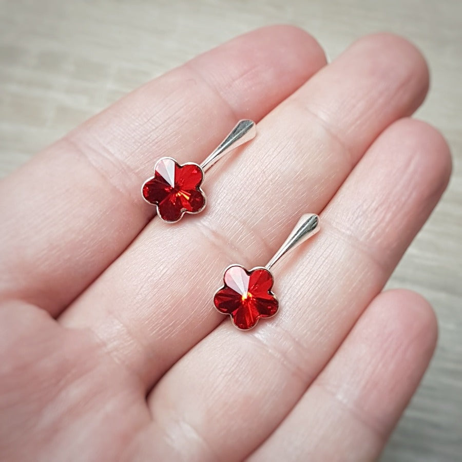 Little Miss Collection Flower Crystal Drop Earrings in Siam Red for July Birthstone and Birthdays