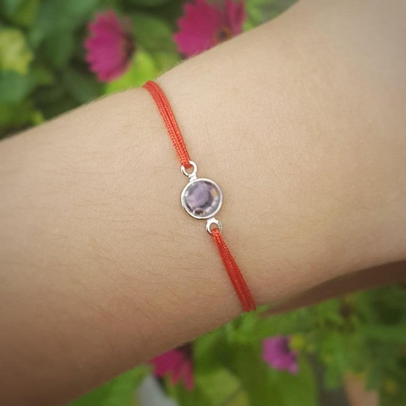 Light Amethyst June Birthstone crystal adjustable knot bracelet in red, Shop in Ireland, Gift Boxed