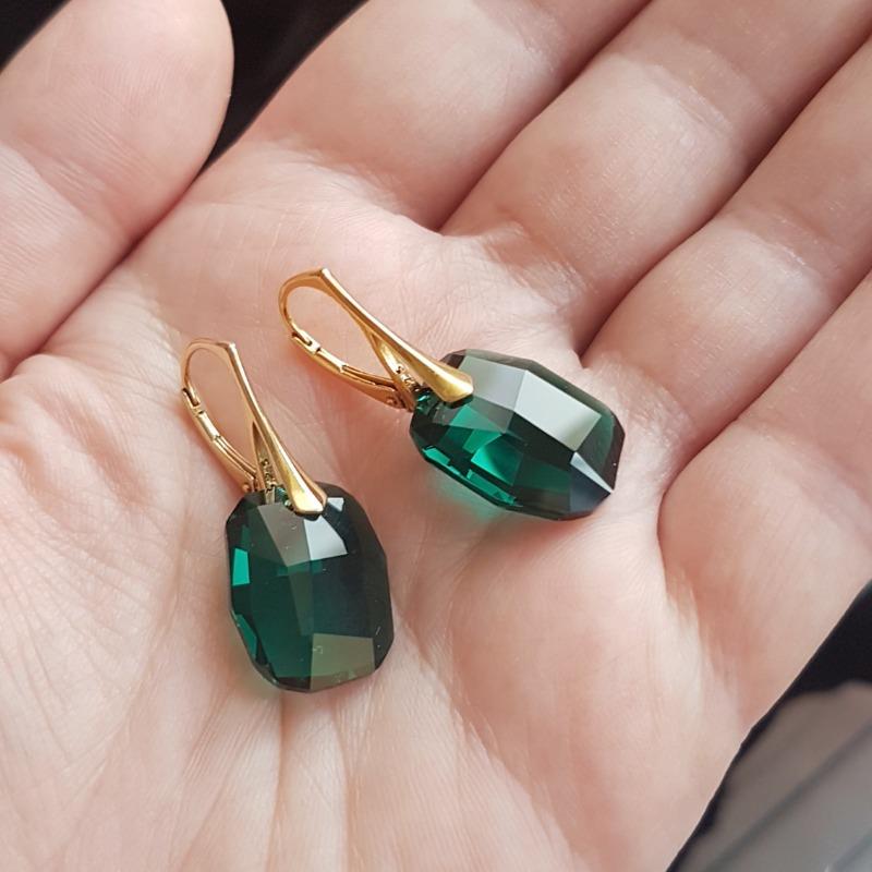 Large Emerald Crystal Earrings in 24k Gold Plating Sterling Silver Leverback