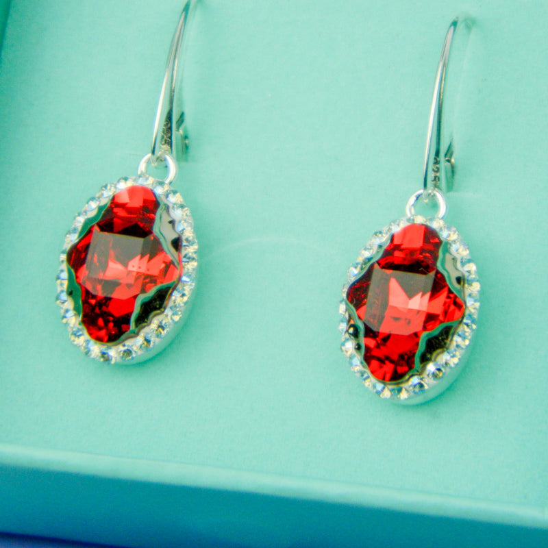 Red Oval Tribe Crystal Dangle Earrings for Evening Wear