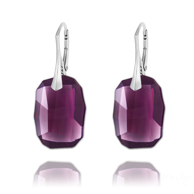 Exquisite Amethyst Graphic Crystal Drop Earrings with Sterling Silver Leverback handmade in Ireland for women.