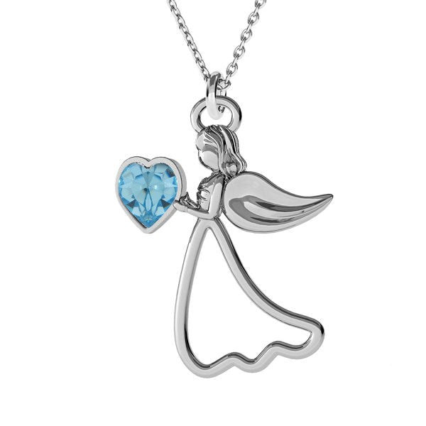 Protect My Heart Sterling Silver Angel Necklace with Personalised Aquamarine Birthstone for March Birthdays