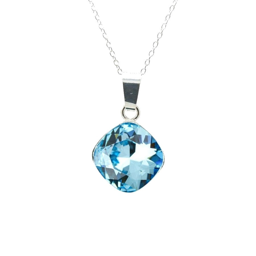 Close-up of Cushion-Cut Crystal Pendant on Fine Chain with Aquamarine Blue Cushion Crystal