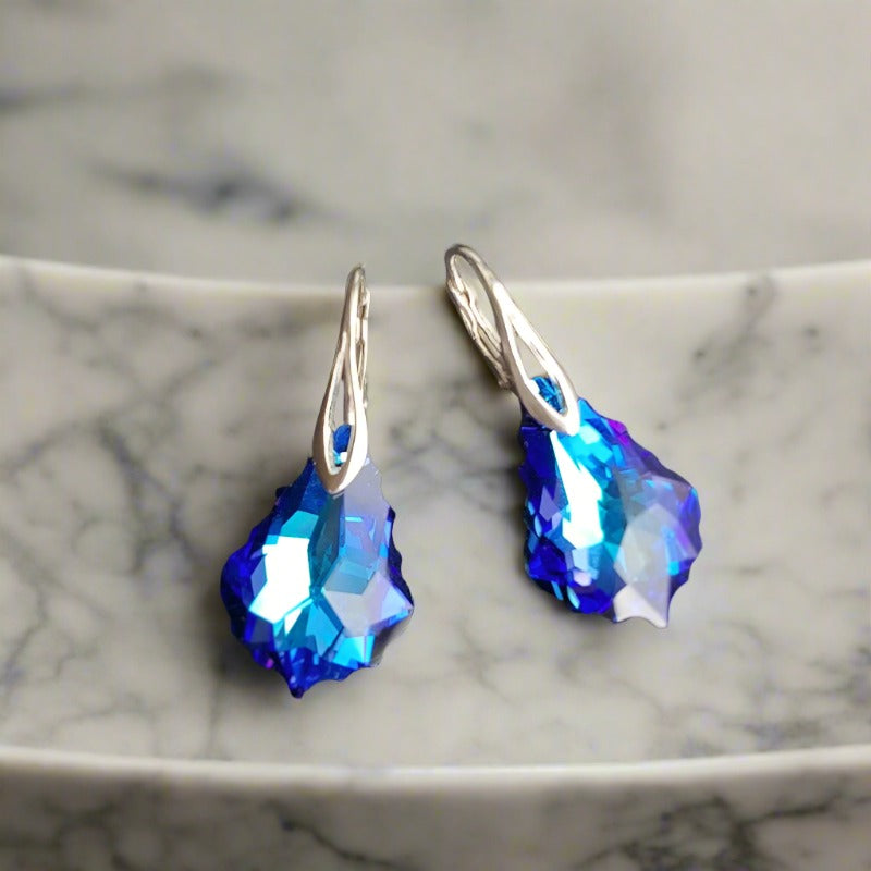 Magpie Gems' Baroque Silver Drop Earrings with Elongated Leverback in Sterling Silver with Large Baroque Crystals Heliotrope Blue