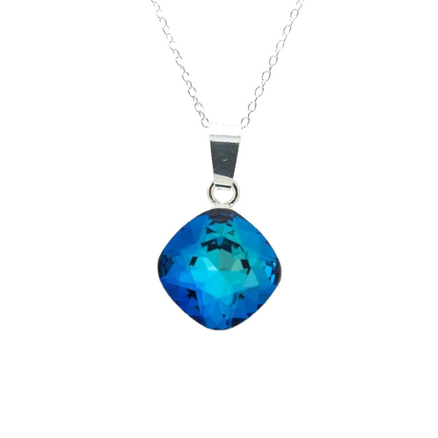 Close-up of Cushion-Cut Crystal Pendant on Fine Chain with Bermuda Blue Cushion Crystal