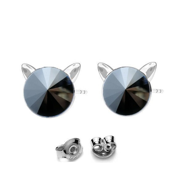 Feline Sparkle Sterling Silver Cat Silhouette Stud Earrings in Jet Black