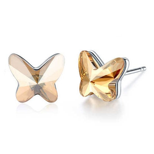 Butterfly Stud Earrings in Sterling Silver with Golden Shade Austrian Crystals