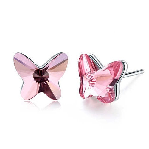 Small Butterfly Stud Earrings in Sterling Silver with Light Rose Austrian Crystals