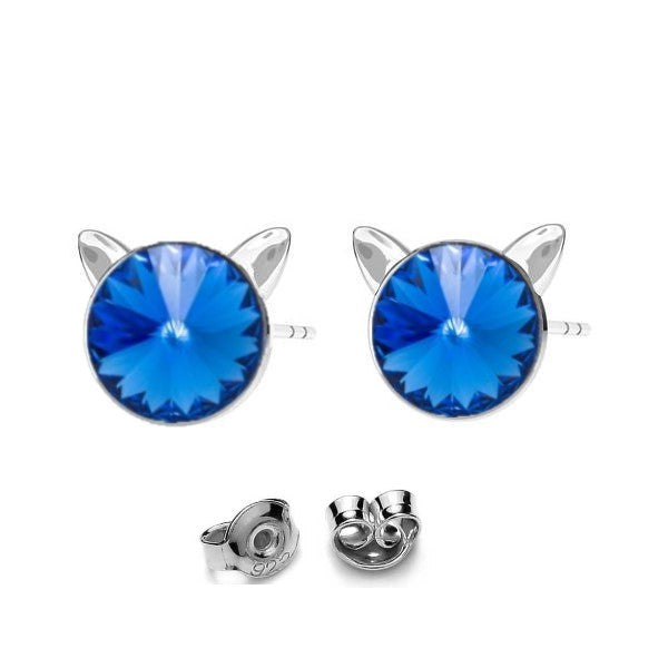 Feline Sparkle Sterling Silver Cat Silhouette Stud Earrings in Sapphire Blue